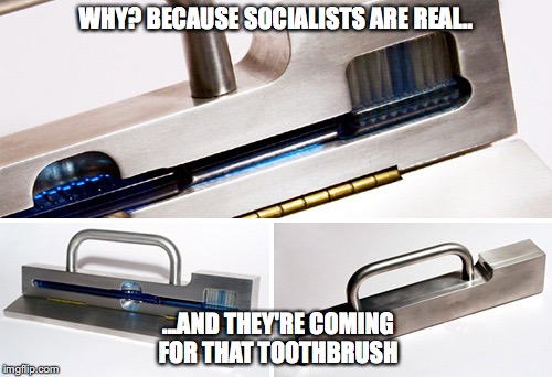 It's all fun and games till somebody loses a toothbrush | WHY? BECAUSE SOCIALISTS ARE REAL.. ...AND THEY'RE COMING FOR THAT TOOTHBRUSH | image tagged in socialism | made w/ Imgflip meme maker
