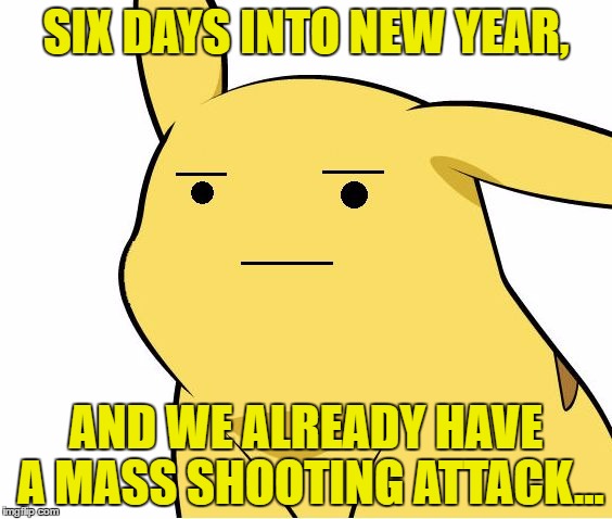 USA, You Had Get Yourself In A Hurry Didn't You? | SIX DAYS INTO NEW YEAR, AND WE ALREADY HAVE A MASS SHOOTING ATTACK... | image tagged in pikachu is not amused,memes,fort lauderdale,airport,usa,florida | made w/ Imgflip meme maker
