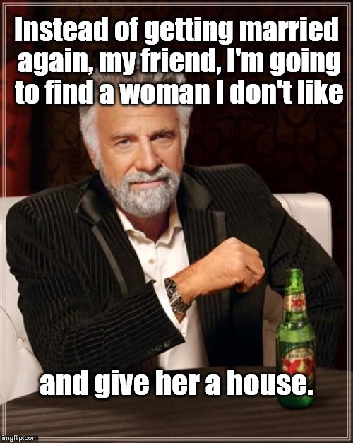 The Most Interesting Man In The World quotes Lewis Gizzard. | Instead of getting married again, my friend, I'm going to find a woman I don't like; and give her a house. | image tagged in the most interesting man in the world,lewis grizzard,divorce | made w/ Imgflip meme maker