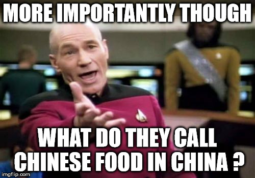 Picard Wtf Meme | MORE IMPORTANTLY THOUGH WHAT DO THEY CALL CHINESE FOOD IN CHINA ? | image tagged in memes,picard wtf | made w/ Imgflip meme maker