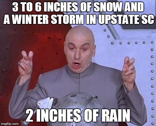 Dr Evil Laser Meme | 3 TO 6 INCHES OF SNOW AND A WINTER STORM IN UPSTATE SC; 2 INCHES OF RAIN | image tagged in memes,dr evil laser | made w/ Imgflip meme maker