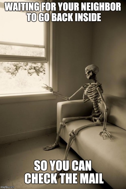 Social anxiety skeleton | WAITING FOR YOUR NEIGHBOR TO GO BACK INSIDE; SO YOU CAN CHECK THE MAIL | image tagged in skeleton waiting | made w/ Imgflip meme maker