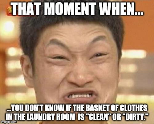 Laundry | THAT MOMENT WHEN... ...YOU DON'T KNOW IF THE BASKET OF CLOTHES IN THE LAUNDRY ROOM  IS "CLEAN" OR "DIRTY." | image tagged in memes,impossibru guy original | made w/ Imgflip meme maker