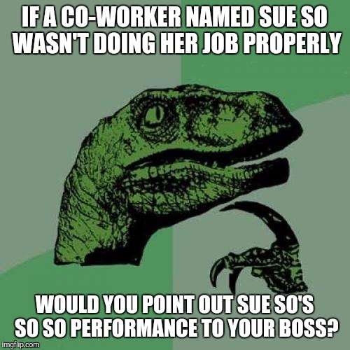 Philosoraptor | IF A CO-WORKER NAMED SUE SO WASN'T DOING HER JOB PROPERLY; WOULD YOU POINT OUT SUE SO'S SO SO PERFORMANCE TO YOUR BOSS? | image tagged in memes,philosoraptor | made w/ Imgflip meme maker