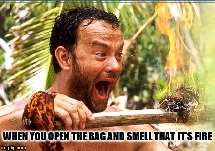Castaway Fire Meme | WHEN YOU OPEN THE BAG AND SMELL THAT IT'S FIRE | image tagged in memes,castaway fire | made w/ Imgflip meme maker