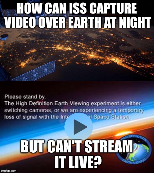 Fake Space, Fake ISS, Flat Earth | HOW CAN ISS CAPTURE VIDEO OVER EARTH AT NIGHT; BUT CAN'T STREAM IT LIVE? | image tagged in fakespace,flatearth,fakeiss,gifs | made w/ Imgflip meme maker