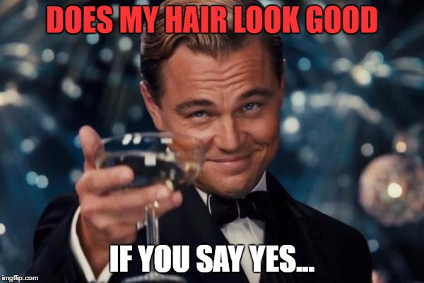 Leonardo Dicaprio Cheers Meme | DOES MY HAIR LOOK GOOD; IF YOU SAY YES... | image tagged in memes,leonardo dicaprio cheers | made w/ Imgflip meme maker