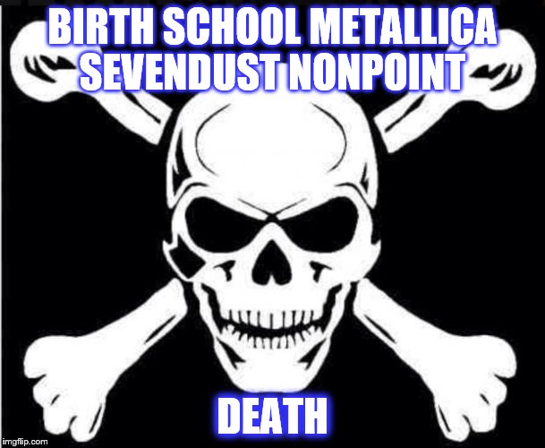 skullwater | BIRTH SCHOOL METALLICA SEVENDUST NONPOINT; DEATH | image tagged in skullwater | made w/ Imgflip meme maker