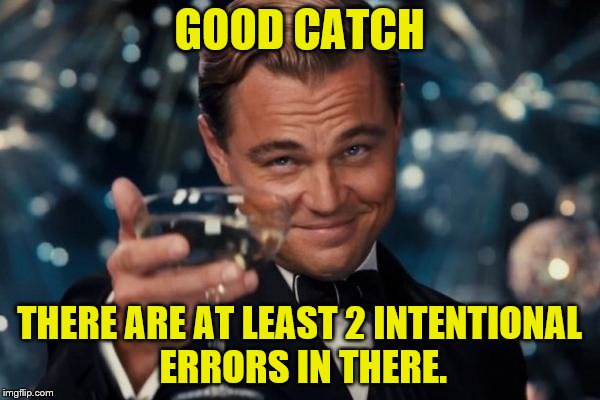 Leonardo Dicaprio Cheers Meme | GOOD CATCH THERE ARE AT LEAST 2 INTENTIONAL ERRORS IN THERE. | image tagged in memes,leonardo dicaprio cheers | made w/ Imgflip meme maker