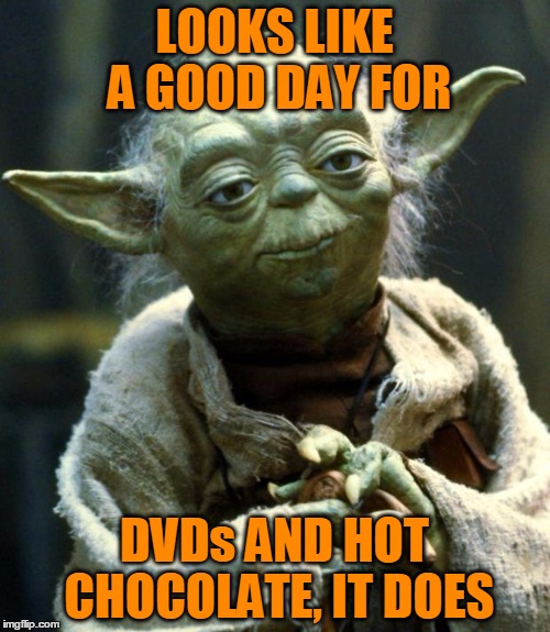 Star Wars Yoda Meme | LOOKS LIKE A GOOD DAY FOR DVDs AND HOT CHOCOLATE, IT DOES | image tagged in memes,star wars yoda | made w/ Imgflip meme maker