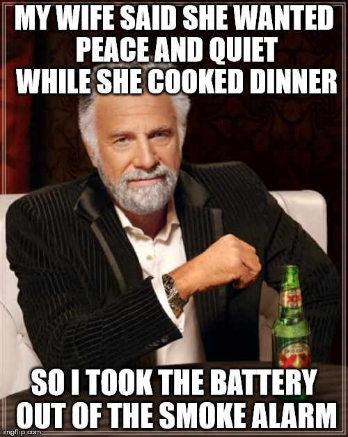 The Most Interesting Man In The World |  MY WIFE SAID SHE WANTED PEACE AND QUIET WHILE SHE COOKED DINNER; SO I TOOK THE BATTERY OUT OF THE SMOKE ALARM | image tagged in memes,the most interesting man in the world | made w/ Imgflip meme maker
