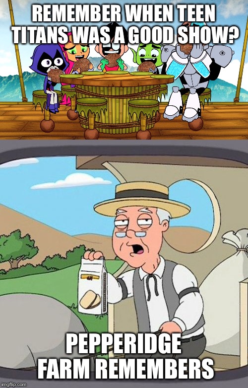 I be damned | REMEMBER WHEN TEEN TITANS WAS A GOOD SHOW? PEPPERIDGE FARM REMEMBERS | image tagged in pepperidge farm remembers,teen titans,teen titans go,memes | made w/ Imgflip meme maker
