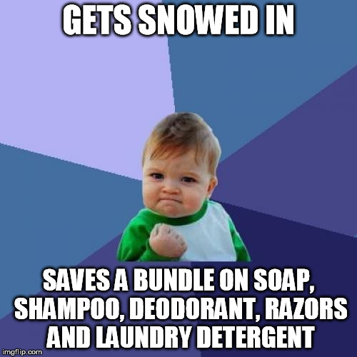 Success Kid Meme | GETS SNOWED IN; SAVES A BUNDLE ON SOAP, SHAMPOO, DEODORANT, RAZORS AND LAUNDRY DETERGENT | image tagged in memes,success kid | made w/ Imgflip meme maker