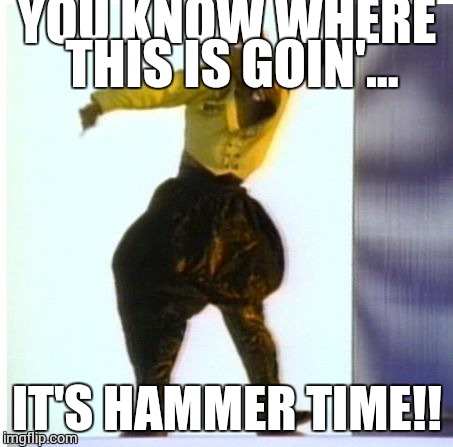 Hammer Time | YOU KNOW WHERE THIS IS GOIN'... IT'S HAMMER TIME!! | image tagged in hammer time | made w/ Imgflip meme maker