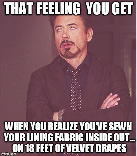 Face You Make Robert Downey Jr Meme | THAT FEELING  YOU GET; WHEN YOU REALIZE YOU'VE SEWN YOUR LINING FABRIC INSIDE OUT... ON 18 FEET OF VELVET DRAPES | image tagged in memes,face you make robert downey jr | made w/ Imgflip meme maker