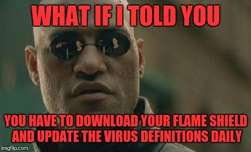 Matrix Morpheus Meme | WHAT IF I TOLD YOU YOU HAVE TO DOWNLOAD YOUR FLAME SHIELD AND UPDATE THE VIRUS DEFINITIONS DAILY | image tagged in memes,matrix morpheus | made w/ Imgflip meme maker