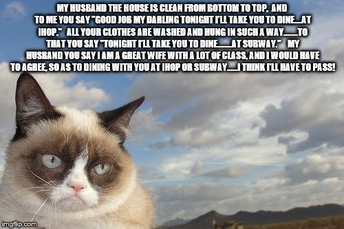 Grumpy Cat Sky | MY HUSBAND THE HOUSE IS CLEAN FROM BOTTOM TO TOP,  AND TO ME YOU SAY "GOOD JOB MY DARLING TONIGHT I'LL TAKE YOU TO DINE....AT IHOP."
  ALL YOUR CLOTHES ARE WASHED AND HUNG IN SUCH A WAY........TO THAT YOU SAY "TONIGHT I'LL TAKE YOU TO DINE........AT SUBWAY."
   MY HUSBAND YOU SAY I AM A GREAT WIFE WITH A LOT OF CLASS, AND I WOULD HAVE TO AGREE, SO AS TO DINING WITH YOU AT IHOP OR SUBWAY......I THINK I'LL HAVE TO PASS! | image tagged in memes,grumpy cat sky,grumpy cat | made w/ Imgflip meme maker