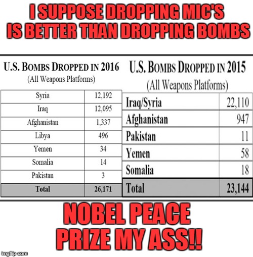 I SUPPOSE DROPPING MIC'S IS BETTER THAN DROPPING BOMBS NOBEL PEACE PRIZE MY ASS!! | made w/ Imgflip meme maker