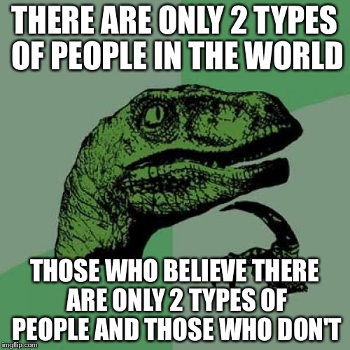 Philosoraptor Meme | THERE ARE ONLY 2 TYPES OF PEOPLE IN THE WORLD; THOSE WHO BELIEVE THERE ARE ONLY 2 TYPES OF PEOPLE AND THOSE WHO DON'T | image tagged in memes,philosoraptor | made w/ Imgflip meme maker