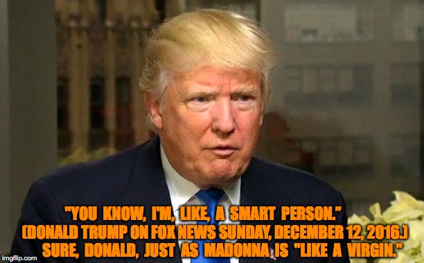 Donald Trump is, like, a smart person? | "YOU  KNOW,  I'M,  LIKE,  A  SMART  PERSON.”





 
(DONALD TRUMP ON FOX NEWS SUNDAY, DECEMBER 12, 2016.)      
SURE,  DONALD,  JUST  AS  MADONNA  IS  "LIKE  A  VIRGIN." | image tagged in donald trump,madonna | made w/ Imgflip meme maker