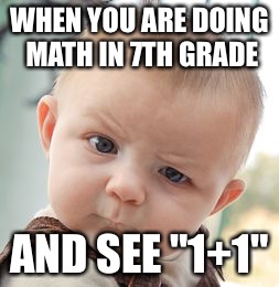 Skeptical Baby | WHEN YOU ARE DOING MATH IN 7TH GRADE; AND SEE "1+1" | image tagged in memes,skeptical baby | made w/ Imgflip meme maker