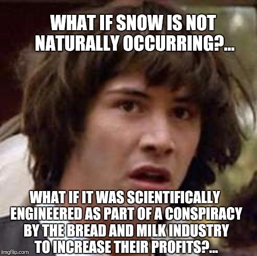 I have suspected this for a long time... | WHAT IF SNOW IS NOT NATURALLY OCCURRING?... WHAT IF IT WAS SCIENTIFICALLY ENGINEERED AS PART OF A CONSPIRACY BY THE BREAD AND MILK INDUSTRY TO INCREASE THEIR PROFITS?... | image tagged in memes,conspiracy keanu | made w/ Imgflip meme maker