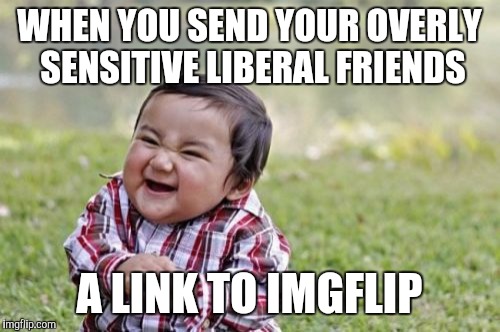 Evil Toddler Meme | WHEN YOU SEND YOUR OVERLY SENSITIVE LIBERAL FRIENDS; A LINK TO IMGFLIP | image tagged in memes,evil toddler | made w/ Imgflip meme maker
