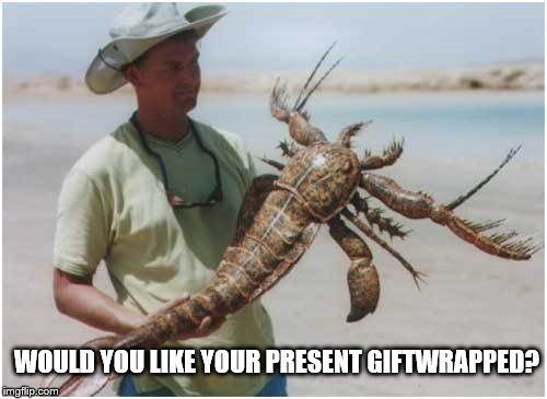Sea Scorpion | WOULD YOU LIKE YOUR PRESENT GIFTWRAPPED? | image tagged in seafood | made w/ Imgflip meme maker