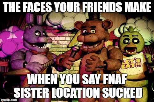 FNaF | THE FACES YOUR FRIENDS MAKE; WHEN YOU SAY FNAF SISTER LOCATION SUCKED | image tagged in fnaf | made w/ Imgflip meme maker