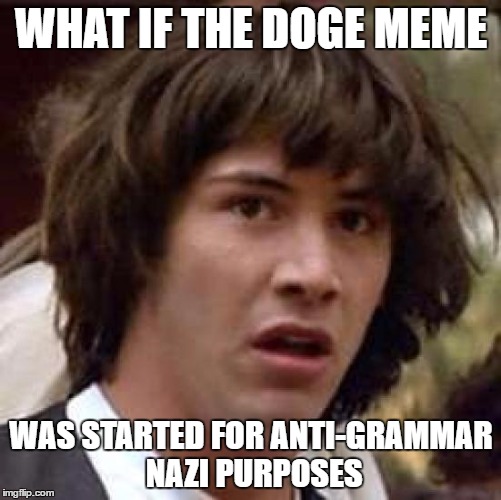 Conspiracy Keanu Meme | WHAT IF THE DOGE MEME; WAS STARTED FOR ANTI-GRAMMAR NAZI PURPOSES | image tagged in memes,conspiracy keanu | made w/ Imgflip meme maker