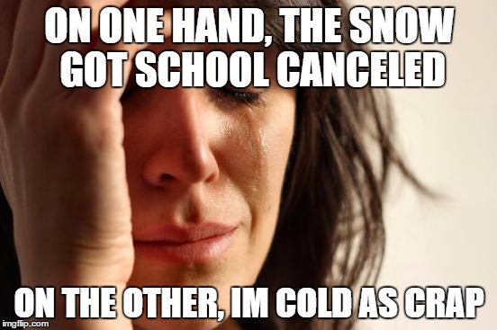 First World Problems | ON ONE HAND, THE SNOW GOT SCHOOL CANCELED; ON THE OTHER, IM COLD AS CRAP | image tagged in memes,first world problems | made w/ Imgflip meme maker