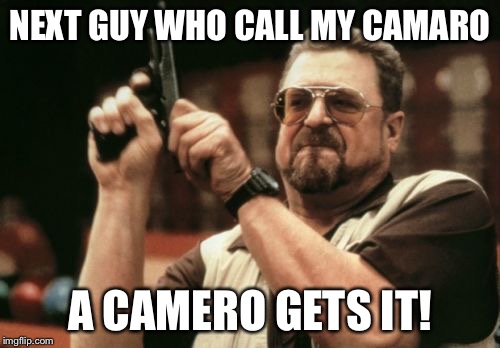 CAMERO | NEXT GUY WHO CALL MY CAMARO; A CAMERO GETS IT! | image tagged in memes,am i the only one around here | made w/ Imgflip meme maker