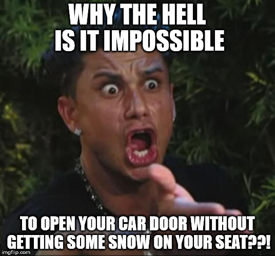 DJ Pauly D | WHY THE HELL IS IT IMPOSSIBLE; TO OPEN YOUR CAR DOOR WITHOUT GETTING SOME SNOW ON YOUR SEAT??! | image tagged in memes,dj pauly d | made w/ Imgflip meme maker