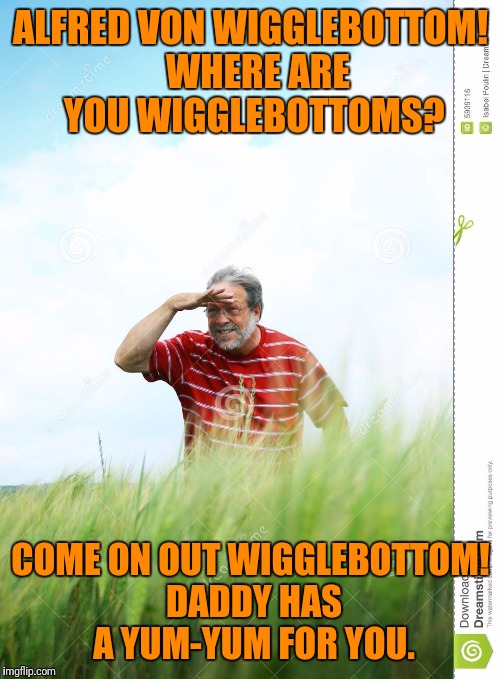ALFRED VON WIGGLEBOTTOM!  WHERE ARE YOU WIGGLEBOTTOMS? COME ON OUT WIGGLEBOTTOM! DADDY HAS A YUM-YUM FOR YOU. | made w/ Imgflip meme maker