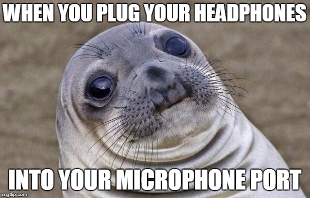 Awkward Moment Sealion Meme | WHEN YOU PLUG YOUR HEADPHONES; INTO YOUR MICROPHONE PORT | image tagged in memes,awkward moment sealion | made w/ Imgflip meme maker