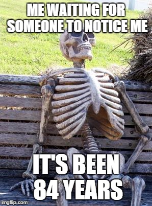 Waiting Skeleton Meme | ME WAITING FOR SOMEONE TO NOTICE ME; IT'S BEEN 84 YEARS | image tagged in memes,waiting skeleton | made w/ Imgflip meme maker