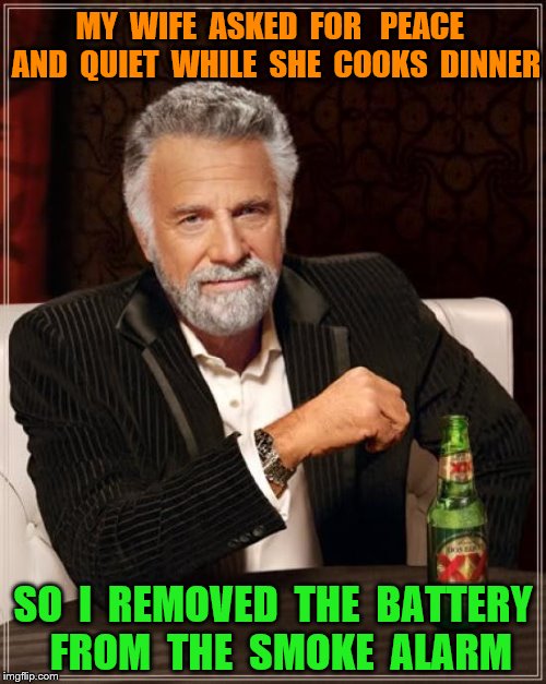 The Most Interesting Man In The World Meme | MY  WIFE  ASKED  FOR   PEACE  AND  QUIET  WHILE  SHE  COOKS  DINNER; SO  I  REMOVED  THE  BATTERY  FROM  THE  SMOKE  ALARM | image tagged in memes,the most interesting man in the world | made w/ Imgflip meme maker