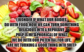 Food Magic | I WONDER IF WHAT OUR BODIES DO WITH FOOD, HOW WE CAN TURN SOMETHING DELICIOUS INTO A REPULSIVE PULP, IS METAPHORICAL OF WHAT WE DO WITH OUR POTENTIAL FOR LIFE. ARE WE TURNING A GOOD THING INTO SHIT? | image tagged in fruit,food,magic,shit,doomed,life | made w/ Imgflip meme maker