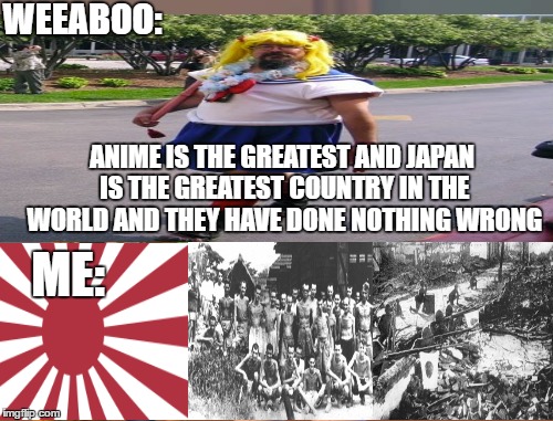 use this tactic against any weeaboo being retarded | WEEABOO:; ANIME IS THE GREATEST AND JAPAN IS THE GREATEST COUNTRY IN THE WORLD AND THEY HAVE DONE NOTHING WRONG; ME: | image tagged in memes,weeaboo,japanese imperial army,rising sun | made w/ Imgflip meme maker