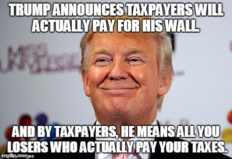 Not him though.  He's smart and doesn't pay taxes. | TRUMP ANNOUNCES TAXPAYERS WILL ACTUALLY PAY FOR HIS WALL. AND BY TAXPAYERS, HE MEANS ALL YOU LOSERS WHO ACTUALLY PAY YOUR TAXES. | image tagged in donald trump approves | made w/ Imgflip meme maker