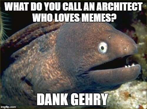 Frank Gehry 's buildings are dank | WHAT DO YOU CALL AN ARCHITECT WHO LOVES MEMES? DANK GEHRY | image tagged in memes,bad joke eel | made w/ Imgflip meme maker