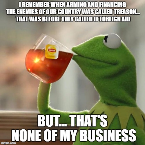 But That's None Of My Business | I REMEMBER WHEN ARMING AND FINANCING THE ENEMIES OF OUR COUNTRY WAS CALLED TREASON... THAT WAS BEFORE THEY CALLED IT FOREIGN AID; BUT... THAT'S NONE OF MY BUSINESS | image tagged in memes,but thats none of my business,kermit the frog | made w/ Imgflip meme maker