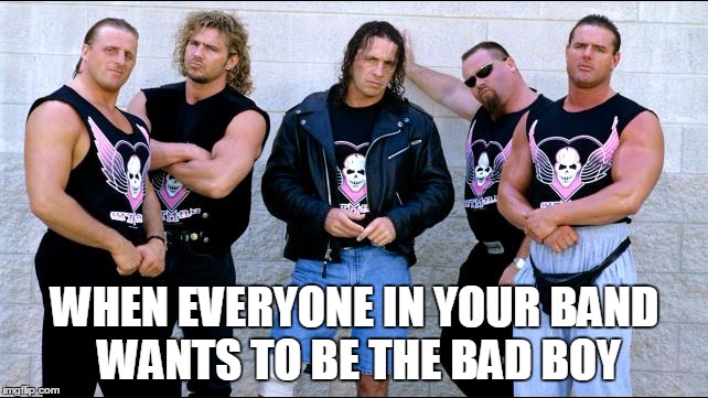 The Hart Boys | WHEN EVERYONE IN YOUR BAND WANTS TO BE THE BAD BOY | image tagged in wrestling,pro wrestling,bret hart,1990's,canada,boyband | made w/ Imgflip meme maker