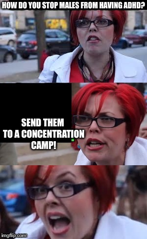 Bad Pun Feminazi | HOW DO YOU STOP MALES FROM HAVING ADHD? SEND THEM TO A CONCENTRATION CAMP! | image tagged in bad pun feminazi | made w/ Imgflip meme maker