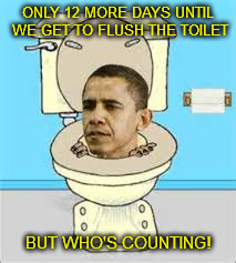 ONLY 12 MORE DAYS UNTIL WE GET TO FLUSH THE TOILET; BUT WHO'S COUNTING! | image tagged in flush obama | made w/ Imgflip meme maker