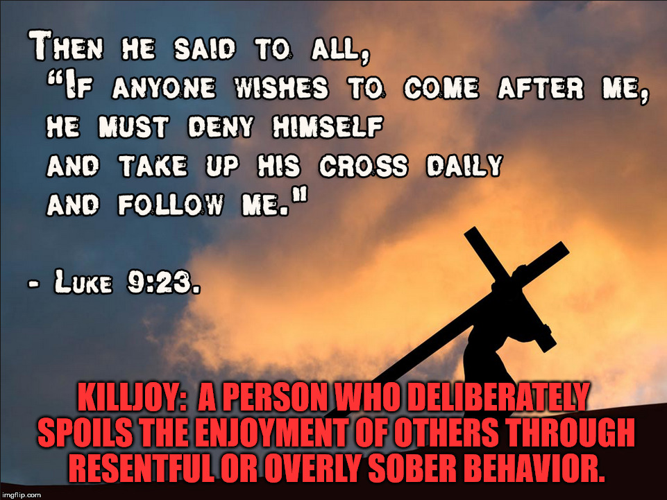 The killjoy! | KILLJOY:  A PERSON WHO DELIBERATELY SPOILS THE ENJOYMENT OF OTHERS THROUGH RESENTFUL OR OVERLY SOBER BEHAVIOR. | image tagged in jesus christ,killjoy,resentful,luke 9 23 | made w/ Imgflip meme maker