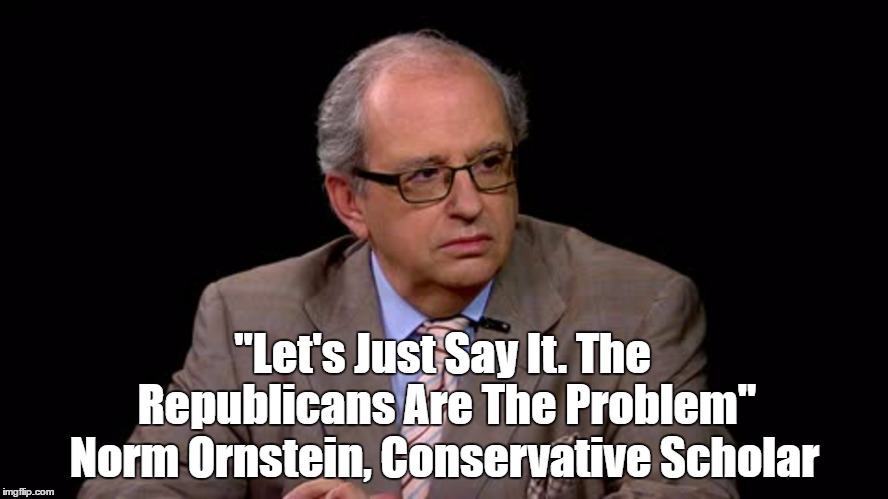 "Let's Just Say It. The Republicans Are The Problem," Norm Ornstein, Conservative Scholar | "Let's Just Say It. The Republicans Are The Problem" Norm Ornstein, Conservative Scholar | image tagged in republicans,republicans are the problem,republican obstructionism | made w/ Imgflip meme maker