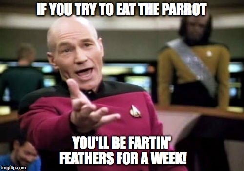 Picard Wtf Meme | IF YOU TRY TO EAT THE PARROT YOU'LL BE FARTIN' FEATHERS FOR A WEEK! | image tagged in memes,picard wtf | made w/ Imgflip meme maker