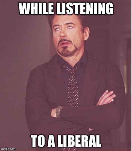 Whatever | WHILE LISTENING; TO A LIBERAL | image tagged in memes,face you make robert downey jr,liberals,liberal,democrats,sjw | made w/ Imgflip meme maker