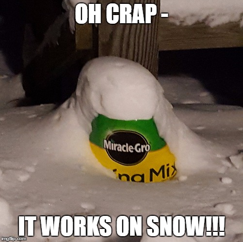  OH CRAP -; IT WORKS ON SNOW!!! | image tagged in snow,miracle,grow | made w/ Imgflip meme maker